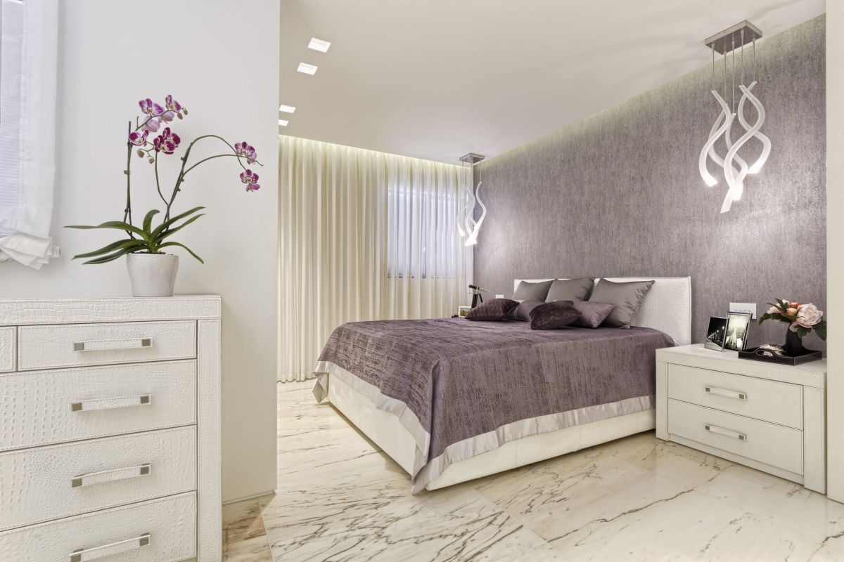 Soft, Comfy Purple Bedroom Style with White Cabinets