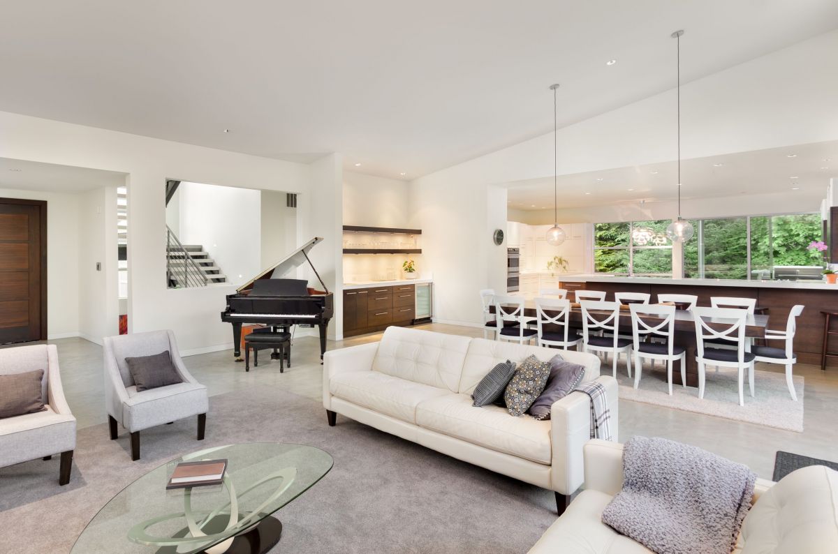 Grand Hall Design for a Kitchen, Living Room, and Dining Room