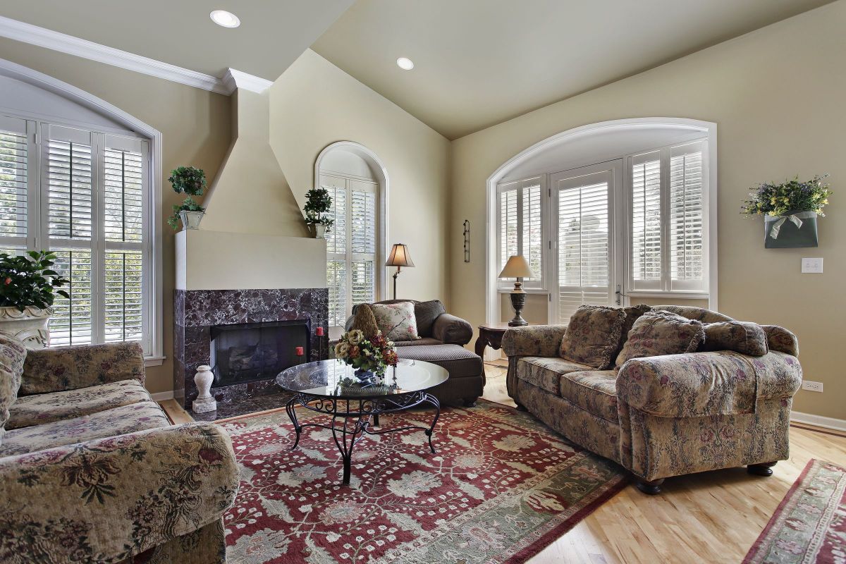 Tan Walls, Marble Fireplace