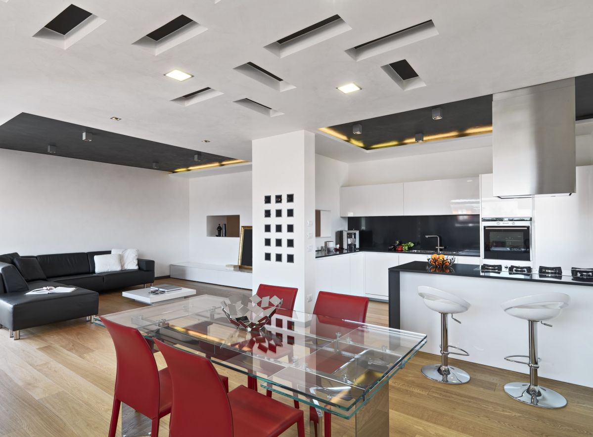 Completely Modern Kitchen Design with Glass Dining Table