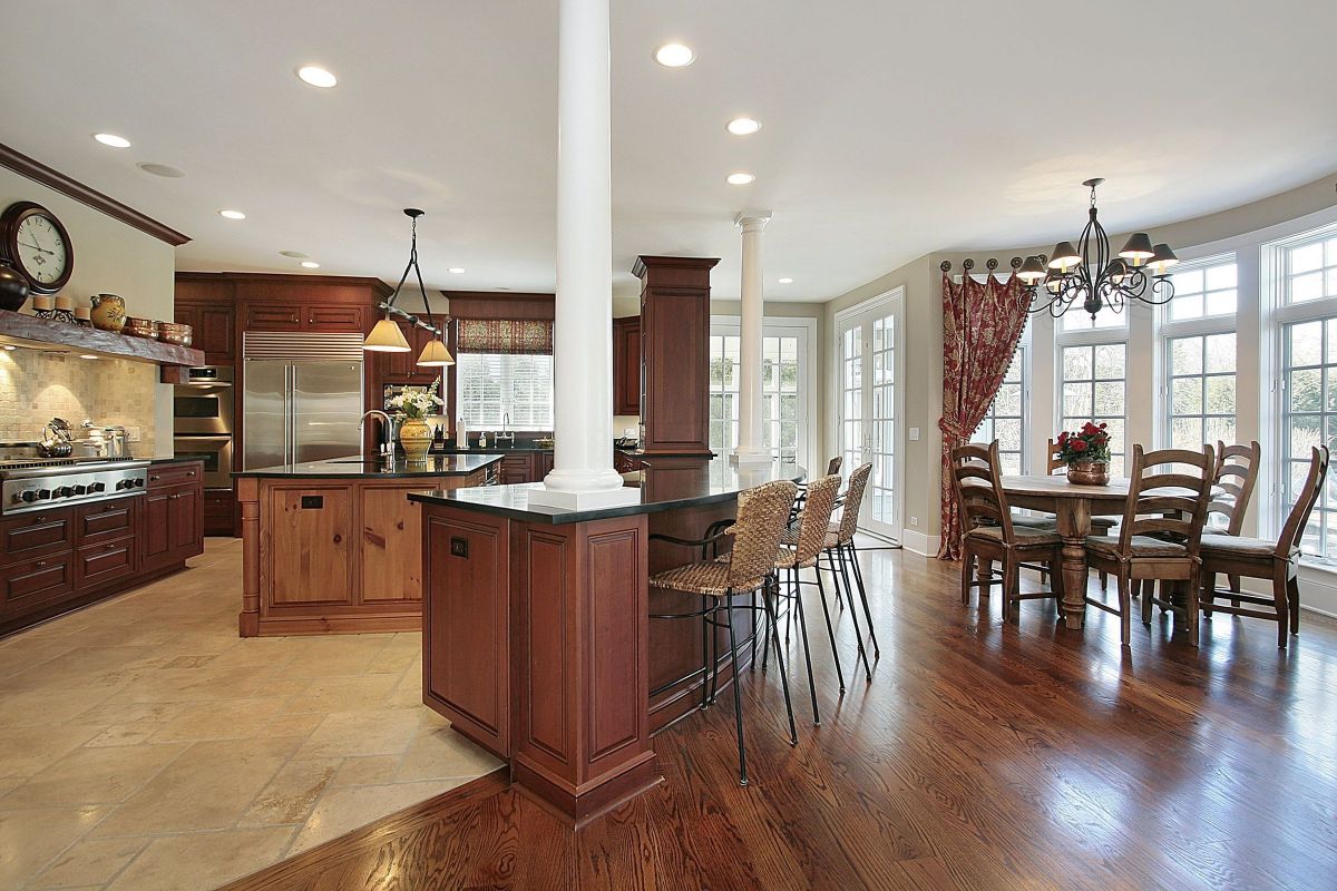 Dining Room / Kitchen Area with custom Wooden Bar Islands