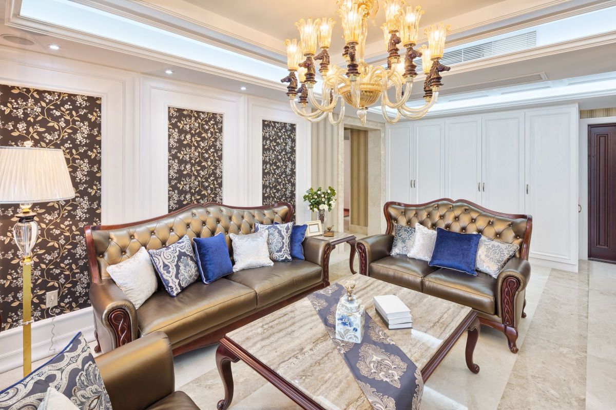 White, Blue, and Gold Living Room Furniture 