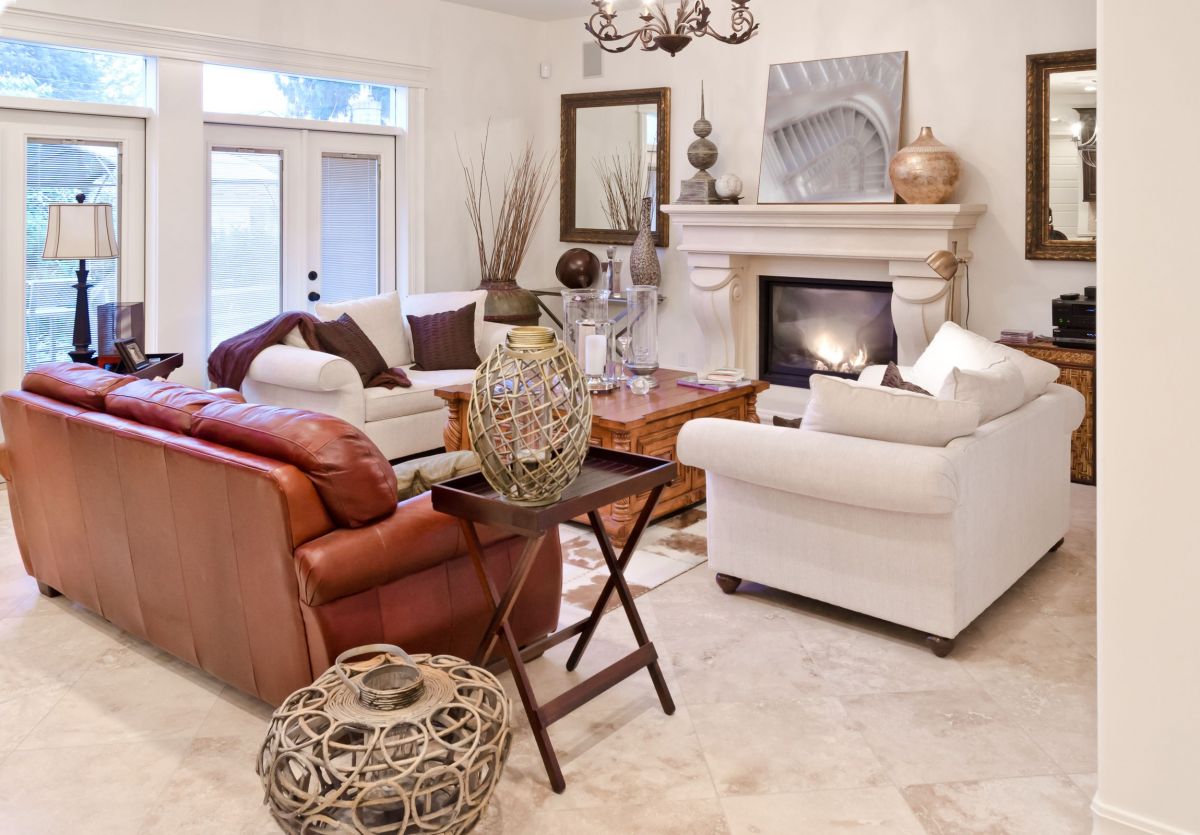 Modern Chic Living Room with a New Age Fireplace