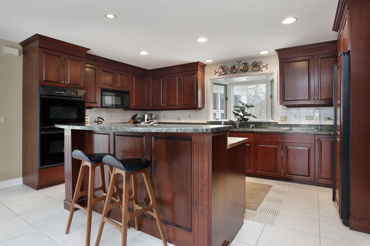 High Top Stool Designed Seating with Custom Wooden Cabinets