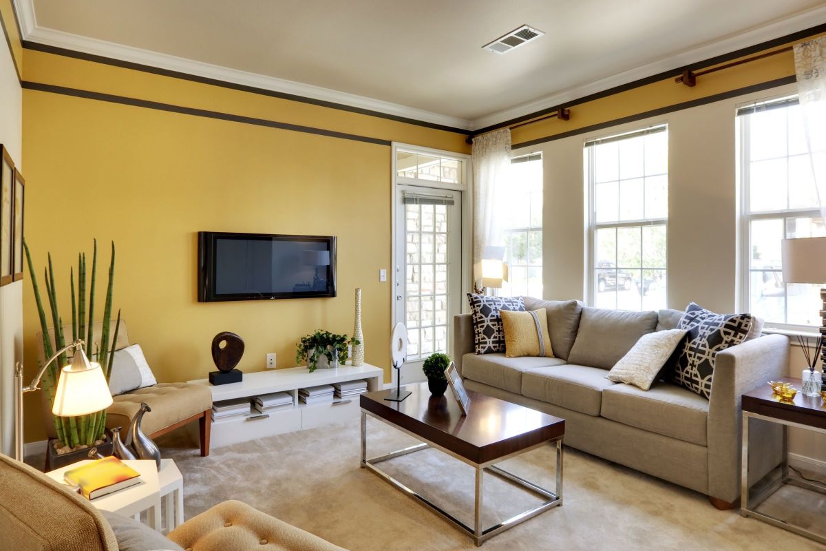 Tan and Yellow Brilliantly Lit Living Room
