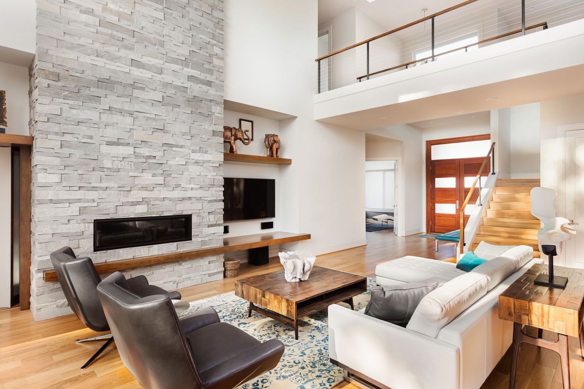 Funky Modern Fire Mantle in the Living Room