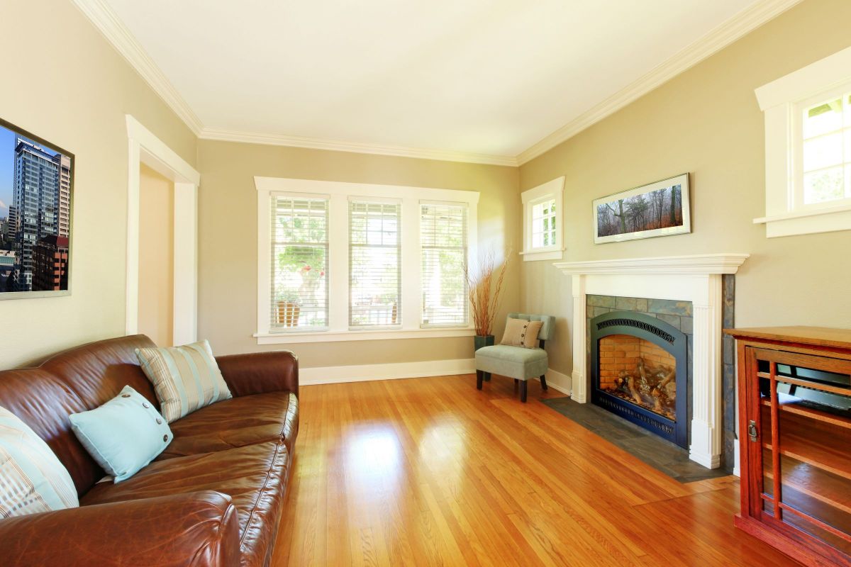 Golden Sunroom with Fireplace