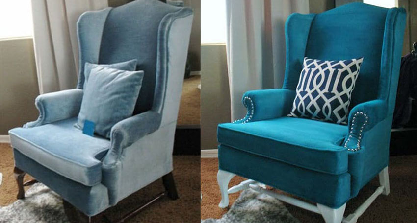 Blue chair upholstery painting project before and after