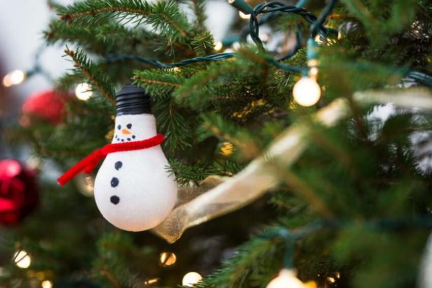 Make this adorable snowman for your Christmas tree with a light bulb.