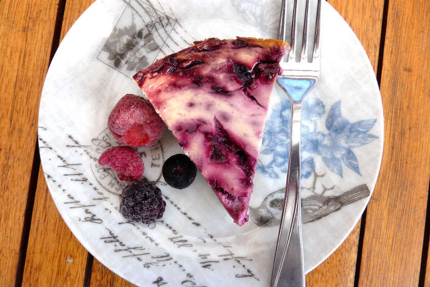 slice of gluten-free, low-fat berry swirl cheesecake